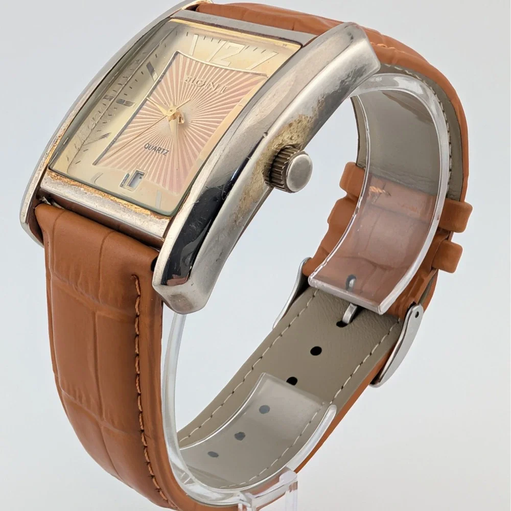 Elgin II EL2C1 Men's Rectangular Quartz Sunburst Dial Date Watch New Strap Y2K